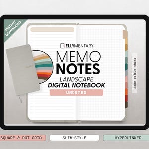 May include: Digital notebook on a tablet with the text "MEMO NOTES LANDSCAPE DIGITAL NOTEBOOK UNDATED". The notebook has a square and dot grid, slim-style, and is hyperlinked. A small notebook with the word "NOTES" is also shown.