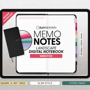 Puede incluir: Un cuaderno digital en una tableta, con el texto "MEMO NOTES LANDSCAPE DIGITAL NOTEBOOK UNDATED". El cuaderno tiene una cubierta negra y un tema de color arcoíris. El texto adicional incluye "SQUARE & DOT GRID", "SLIM-STYLE" y "HYPERLINKED".