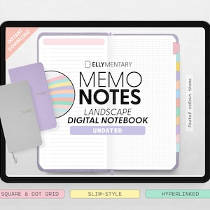 May include: A digital notebook displayed on a tablet, with the text "MEMO NOTES LANDSCAPE DIGITAL NOTEBOOK UNDATED". The image includes three physical notebooks in gray and lavender, and features a pastel color theme. The notebook has a square and dot grid.