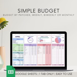 Peut inclure: Un ordinateur portable affichant un tableur Google Sheets avec un modèle de budget pour le mois d'avril. Le tableur est divisé en sections pour les revenus, les dépenses et une ventilation des dépenses. Le tableur est intitulé "Simple Budget" et comprend le texte "Budget par chèque de paie, hebdomadaire, bimensuel ou mensuel".