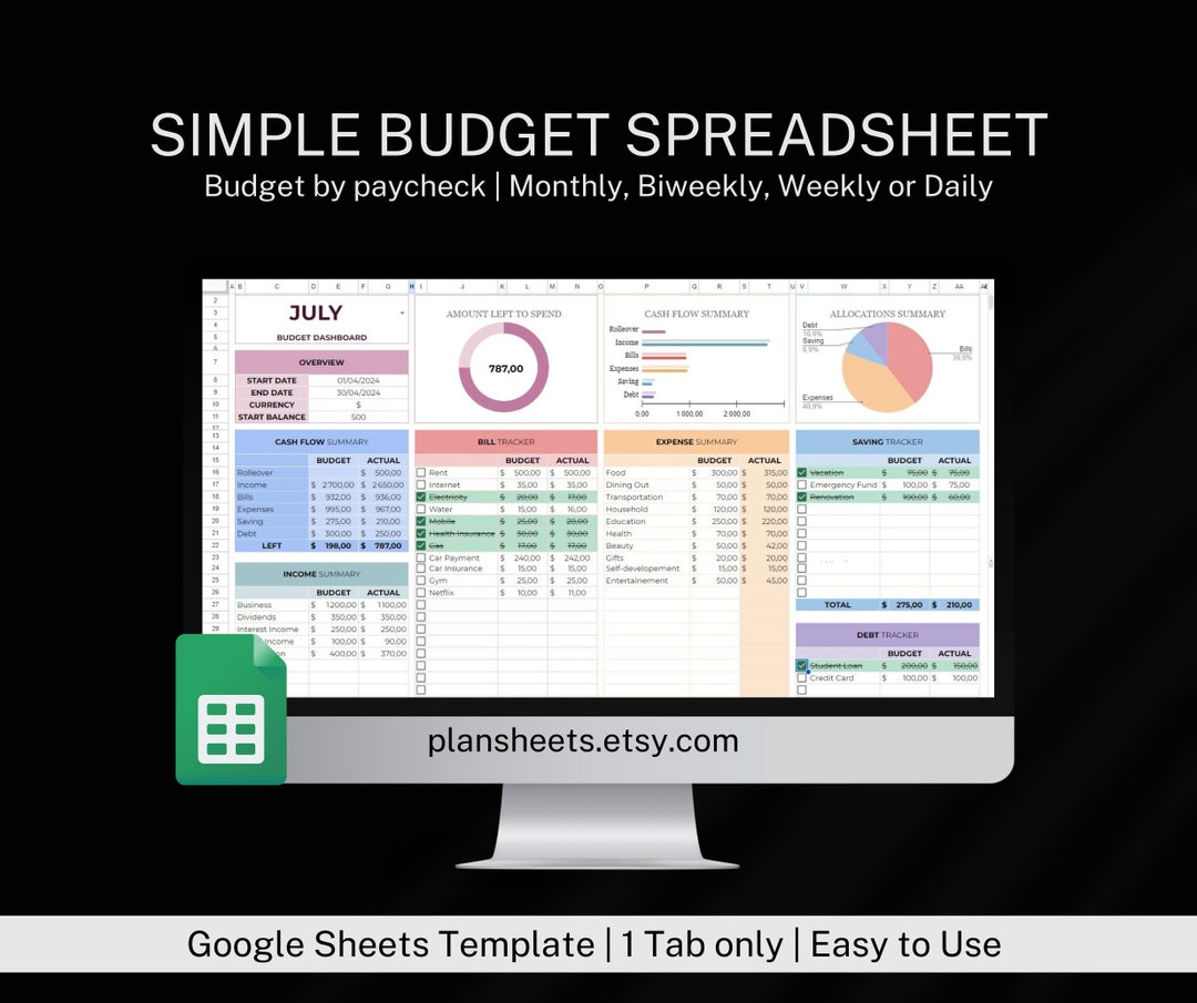 Simple Budget Spreadsheet, Monthly Budget With Debt Tracker, Biweekly ...