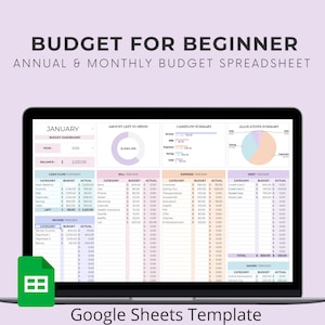 Peut inclure: Un écran d'ordinateur portable affiche un modèle de feuille de calcul budgétaire pour débutants. L'écran montre un tableau de bord budgétaire mensuel avec des sections pour les flux de trésorerie, les dépenses et le suivi de la dette. Le texte "Budget pour débutant" et "Feuille de calcul budgétaire annuelle et mensuelle" sont en haut.