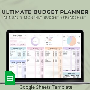 Peut inclure: Un écran d'ordinateur portable affichant un modèle de feuille de calcul Google pour un planificateur budgétaire. La feuille de calcul est intitulée "Ultimate Budget Planner" et comprend des sections pour le flux de trésorerie, le suivi des factures, le suivi des dépenses, le suivi des dettes et le suivi des économies. La feuille de calcul est conçue pour aider les utilisateurs à suivre leurs revenus et leurs dépenses, et à créer un budget pour l'année.