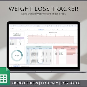 Peut inclure: Une feuille de calcul Google Sheets avec un suivi de perte de poids. La feuille de calcul comprend un graphique de progression, un journal de poids et une section sur les jalons. La feuille de calcul est intitulée "Weight Loss Tracker" et le texte "Keep track of your weight in kgs or lbs" est situé sous le titre. La feuille de calcul est affichée sur l'écran d'un ordinateur portable.