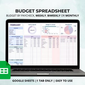 Peut inclure: Un modèle de feuille de calcul Google Sheets pour la budgétisation, avec un schéma de couleurs rose et violet. La feuille de calcul est conçue pour suivre les revenus, les dépenses, les factures, les dettes et les économies. La feuille de calcul est intitulée "Budget Spreadsheet" et "Budget by Paycheck, Weekly, Biweekly or Monthly". La feuille de calcul est étiquetée "Février".