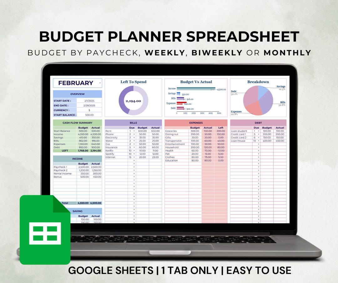 Budget Planner Google Sheets Biweekly, Weekly, Monthly Spreadsheet ...