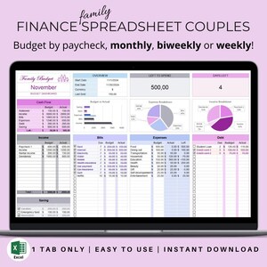 Peut inclure: Un écran d'ordinateur portable affiche une feuille de calcul de finances familiales pour les couples. La feuille de calcul est organisée par paie, mensuelle, bimensuelle ou hebdomadaire. Elle comprend des sections pour les revenus, les dépenses, les factures et les dettes.