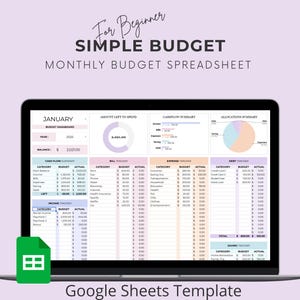 Peut inclure: Un ordinateur portable affiche un modèle Google Sheets pour un budget mensuel simple. L'écran montre un tableau de bord budgétaire avec des sections pour les revenus, les dépenses et les économies. Le texte comprend "For Beginner" et "Simple Budget."