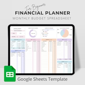 Peut inclure: Un planificateur financier numérique affiché sur une tablette. L'écran affiche une feuille de calcul de budget mensuel avec des sections pour les revenus, les dépenses et l'épargne. Le texte en haut indique "For Beginner FINANCIAL PLANNER MONTHLY BUDGET SPREADSHEET". Une icône Google Sheets est en bas à gauche.