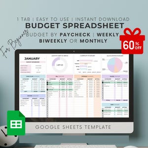 Peut inclure: Un écran d'ordinateur affiche un modèle de feuille de calcul budgétaire. Le texte comprend "Budget Spreadsheet", "Budget by Paycheck" et "Google Sheets Template". Une icône verte Google Sheets et un coffret cadeau rouge avec "60% OFF" sont également visibles.