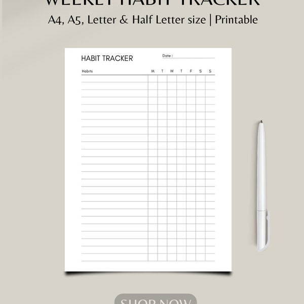 Weekly Habit Tracker Imprimable, Suivi de routine, Suivi d'Habitudes format A4 / A5 / Lettre US / Moitié Lettre, Téléchargement instantané