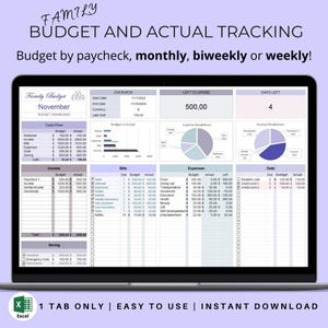 May include: A laptop screen displaying a spreadsheet with a purple and gray color scheme. The spreadsheet is titled "Family Budget" and includes sections for income, expenses, bills, and debt. The spreadsheet also includes charts and graphs to visualize the data. The text on the screen reads "Budget by paycheck, monthly, biweekly or weekly!" and "1 TAB ONLY | EASY TO USE | INSTANT DOWNLOAD".