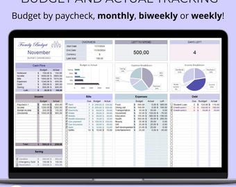 Budget Planner Excel con formule, semplice strumento di monitoraggio del budget, risparmio sui debiti, calcolatrice di entrate e spese, budget delle bollette, distribuzione del budget mensile.