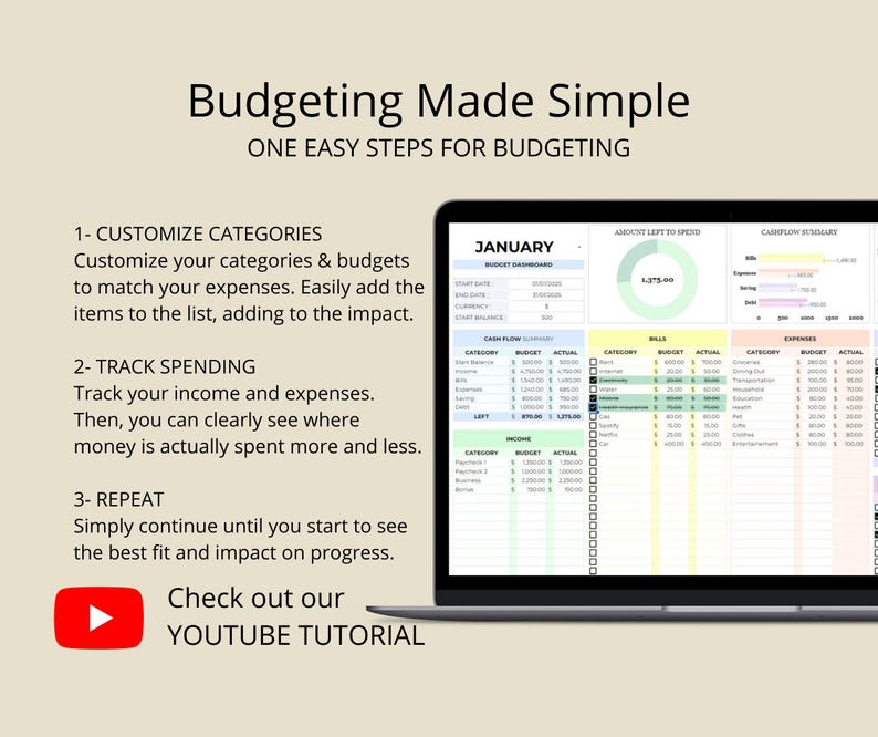 Simple Budget Spreadsheet, Google Sheets Monthly Budget and Dashboard ...