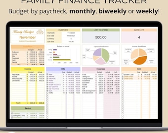 Modello di budget Excel, foglio di calcolo per budget, finanza personale, budget familiare, pianificatore di budget mensile, monitoraggio del denaro, monitoraggio delle spese.
