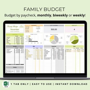 May include: A computer screen displaying a spreadsheet with a family budget template. The spreadsheet is divided into sections for income, expenses, bills, and debt. The spreadsheet includes a chart showing the breakdown of expenses. The spreadsheet is titled "Family Budget" and the month is "November".