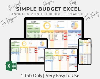 Foglio di calcolo del budget semplice per Microsoft Excel | Monitoraggio delle finanze personali | Monitoraggio delle spese annuali e mensili per coppie | Una scheda facile da usare.