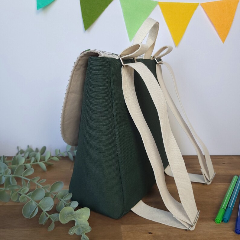 May include: A dark green canvas backpack with cream-colored adjustable straps. The backpack has a flap with a white and floral pattern.