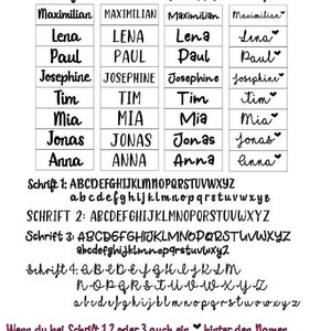 May include: A chart showing four different fonts, labeled "Schrift 1", "Schrift 2", "Schrift 3", and "Schrift 4". Each font is used to write the names Maximilian, Lena, Paul, Josephine, Tim, Mia, Jonas, and Anna. The chart also shows the alphabet in each font.