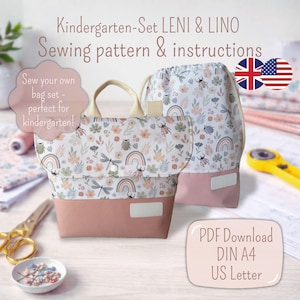 Op de afbeelding: Een naaipatroon voor een tassenset, met een draagtas en een trekkoordtas. De tassen hebben een bloemen- en regenboogpatroon met een roze basis. De tekst op de afbeelding luidt "Kindergarten-Set LENI & LINO Sewing pattern & instructions".