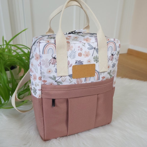 Kinderrucksack altrosa Kindergarten Käfer, Libelle, Blumen personalisierbar