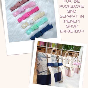 May include: Six colorful adjustable straps with buckles for backpacks. The straps are pink, light pink, yellow, light blue, green, and navy blue. The text on the image reads "BRUSTGURTE F&Uuml;R DIE RUCKS&Auml;CKE SIND SEPARAT IN MEINEM SHOP ERH&Auml;LTLICH".