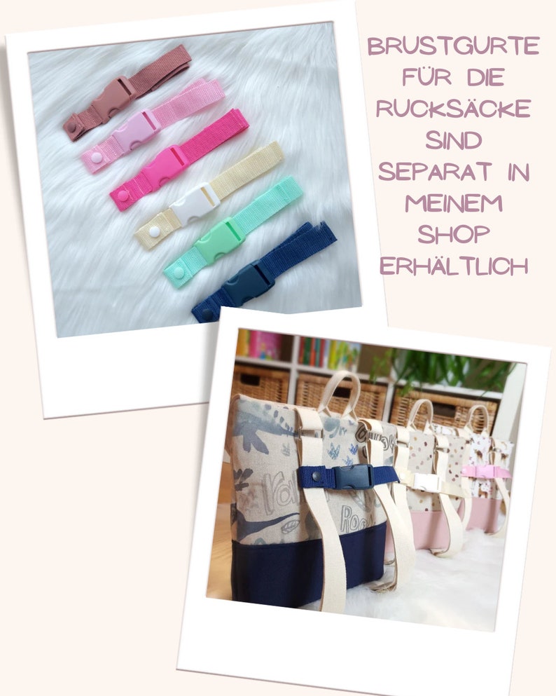 May include: Six colorful adjustable straps with buckles for backpacks. The straps are pink, light pink, yellow, light blue, green, and navy blue. The text on the image reads "BRUSTGURTE F&Uuml;R DIE RUCKS&Auml;CKE SIND SEPARAT IN MEINEM SHOP ERH&Auml;LTLICH".