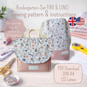 Pode incluir: Duas malas, uma mochila e uma mala com cordão, com um padrão floral e de insetos. As malas são rosa e brancas, com o texto "Kindergarten-Set FINI & LINO Sewing pattern & instructions". O texto "Sew your own bag set - perfect for kindergarten!" também é visível.