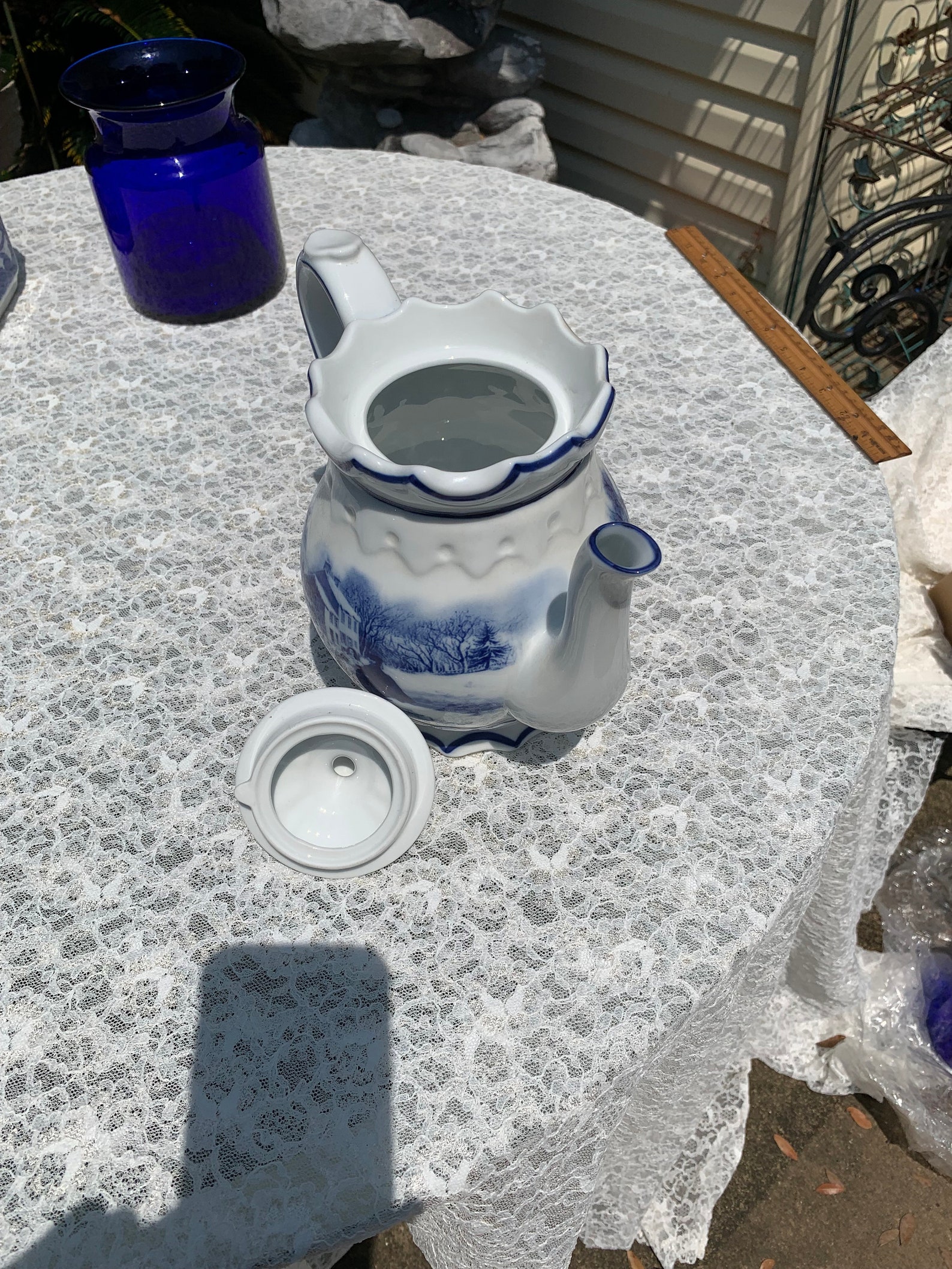 BLUE WHITE Tea Pot From Cracker Barrel Etsy