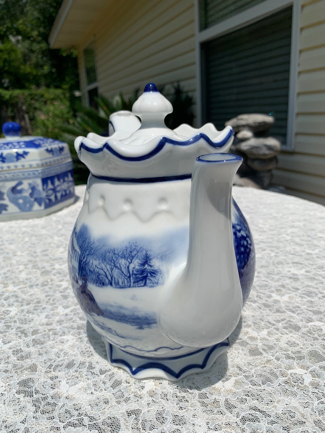 BLUE WHITE Tea Pot From Cracker Barrel Etsy