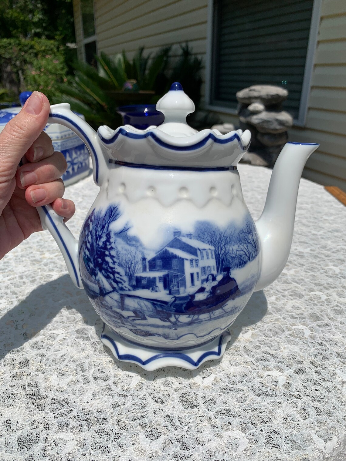 BLUE WHITE Tea Pot From Cracker Barrel Etsy