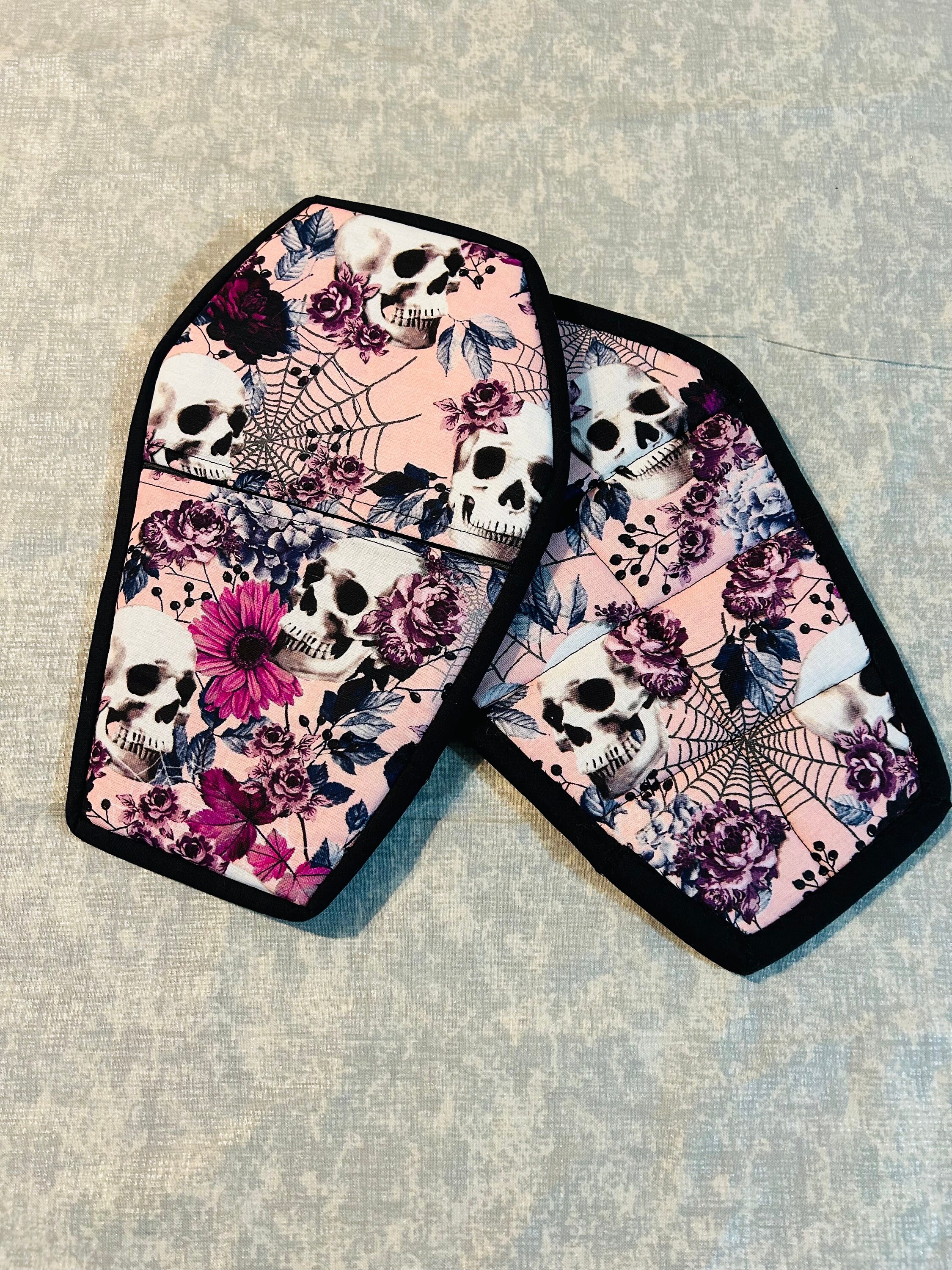 Spooky Coffin Potholders- skulls, pink flowers with spooky cobwebs - set of 2