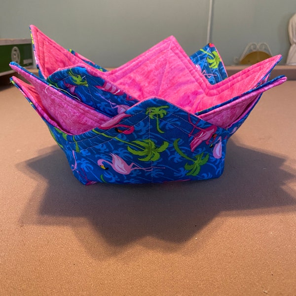 Pink flamingos on blue with pink for the reversible XL bowl cozy’s- set of 2.