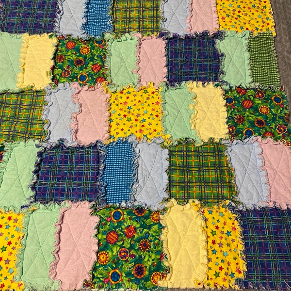 Baby Rag Quilt with bold colors, stars, plaid, and even some turtles