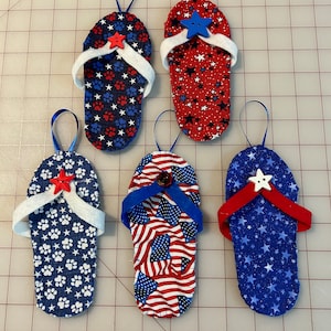 Patriotic summertime seasonal tree flip flops ornaments - set of 5 - blues and reds