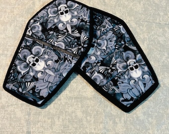 Spooky Coffin pot holders- set of 2 - design is skulls
