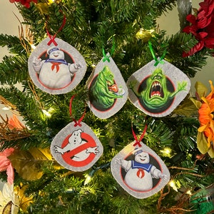 Ghostbuster ornaments - set of 5 - 2 Slimmer - 2 Stay Puff and 1 Ghostbuster logo.