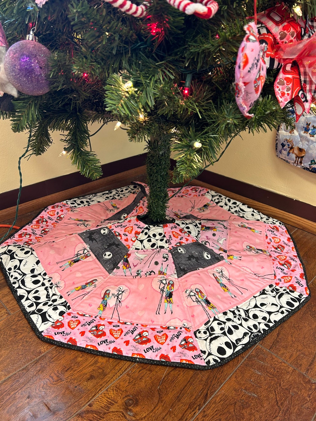 NBC Jack and Sally on Pink, Tree Skirt Framed in a Heart 32 Inches