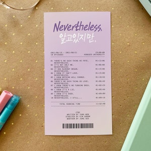 Puede incluir: Una tarjeta rosa y morada con el texto "Nevertheless. 알고있지만." y una lista de episodios del drama coreano "Nevertheless". La tarjeta incluye los t&iacute;tulos de los episodios, los n&uacute;meros de los episodios y las fechas de emisi&oacute;n.