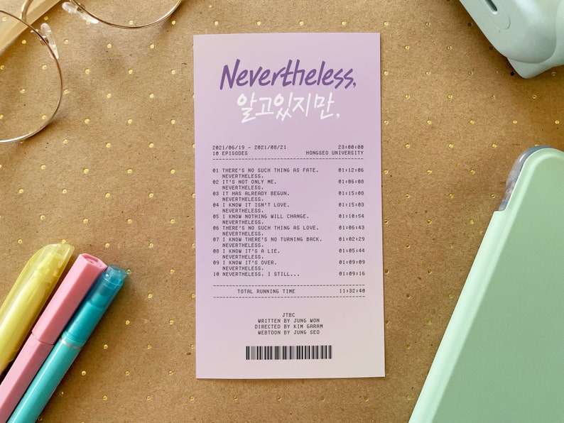 Puede incluir: Una tarjeta rosa y morada con el texto "Nevertheless. 알고있지만." y una lista de episodios del drama coreano "Nevertheless". La tarjeta incluye los t&iacute;tulos de los episodios, los n&uacute;meros de los episodios y las fechas de emisi&oacute;n.