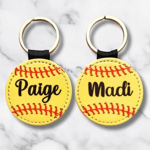 PU Vegan Leather Custom Name Softball  Key Chain, Personalized Sports Team Key Ring, personalized gift
