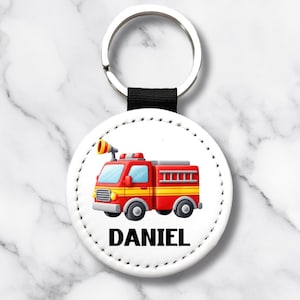 Custom Cartoon Fire Truck Keychain – Personalized PU Leather Key Ring with Name – Kids Gift, Firefighter Appreciation, One-Sided 2x2&quot; Design