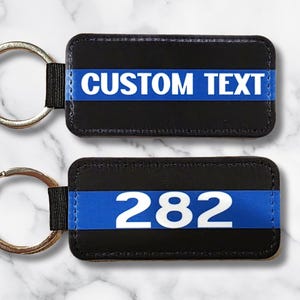 Custom Thin Blue Line Keychain – Personalized Name or Text – PU Leather Key Tag – Police Support Gift – One Sided Design