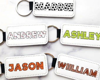 Custom Name Sports Key Chain, Personalized Sports Pattern Block Letter Key Chain, Baseball Tennis Basketball Soccer Football Key Chain
