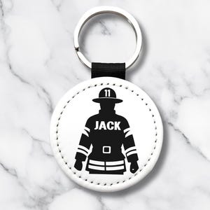 Custom Firefighter Keychain – Add Name & Helmet Number – PU Leather – Fireman Gift – One Sided – 2x2&quot; Personalized Key Ring