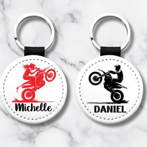 Personalized Motocross Keychain – Custom Name Dirt Bike Rider | PU Leather Gift for Boys Girls | Choose Gender & Color | One-Sided