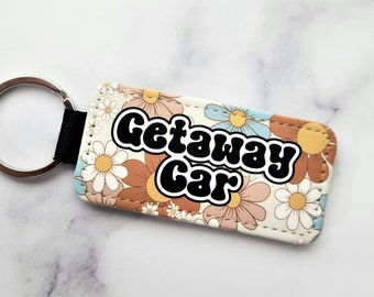 Retro Groovy Floral Getaway Car PU Leather Key Chain