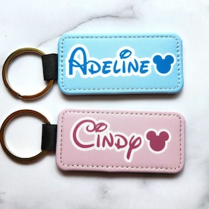 Cute Mickey Pastel Kids Name Custom Personalized PU Leather Key Chain