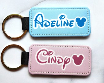 Cute Mickey Pastel Kids Name Custom Personalized PU Leather Key Chain