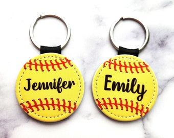 PU Vegan Leather Custom Name Softball  Key Chain, Personalized Sports Team Key Ring, personalized gift